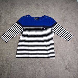Karen Scott Shirt Women's Petite Large Blue White Black Stripe Top Buttons